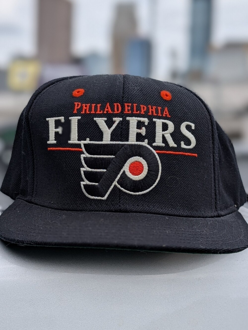 Vintage Philadelphia Flyers CCM Stadium Snapback Hat Black Orange White 80s/90s
